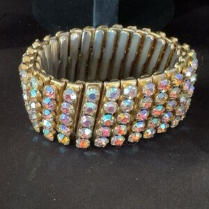 Vintage Expandable Gold Bracelet with Iridescent Aura Borealis Rhinestones